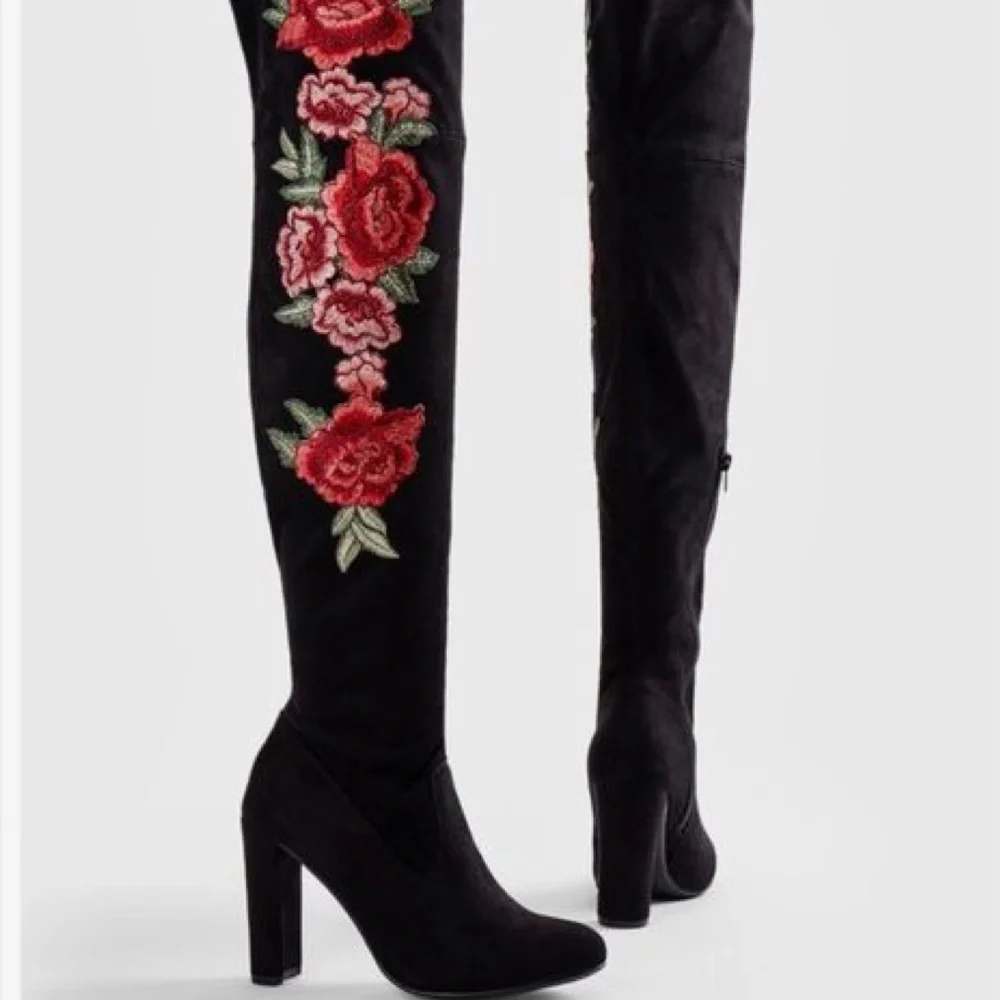 Steve Madden Black Rose Embroidered Over the Knee Faux Suede Boots
